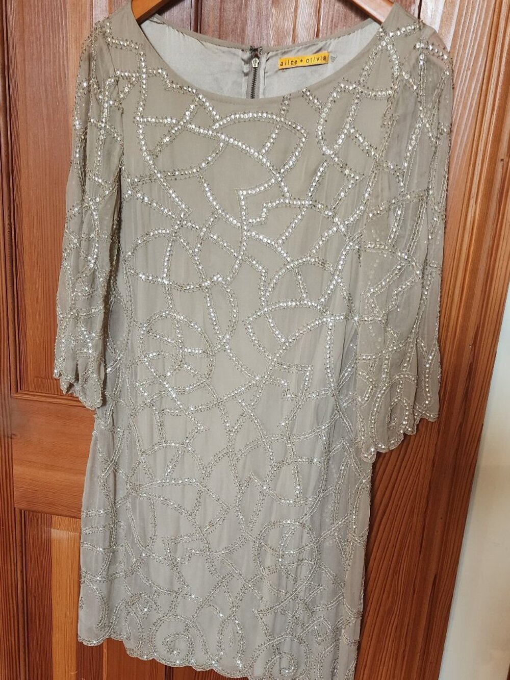 Elegant Nude Alice + Olivia Silk Dress with Subtle Silver Beads, Sequins, Size 8